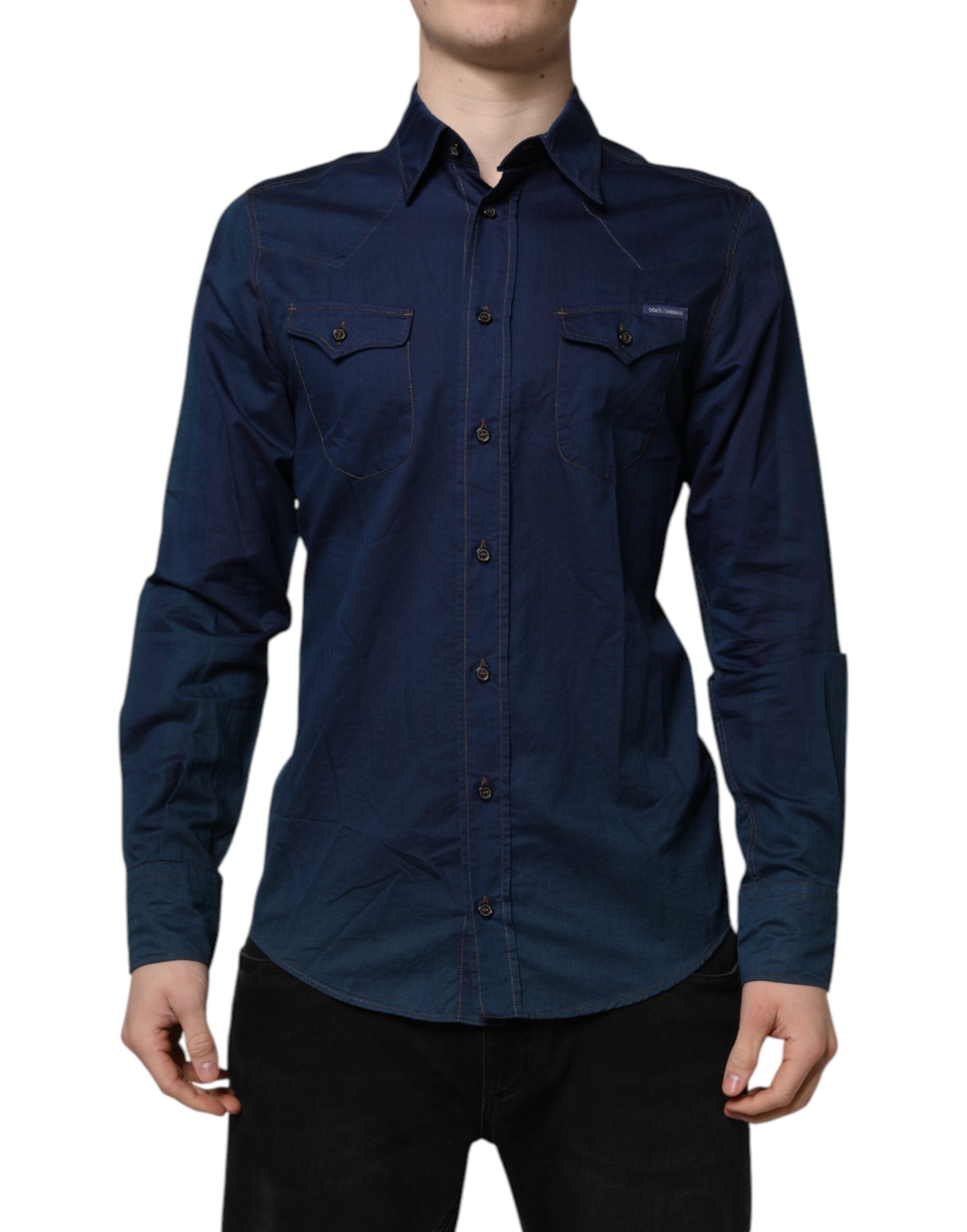 Dolce & Gabbana Blue Cotton GOLD Long Sleeve Casual Shirt